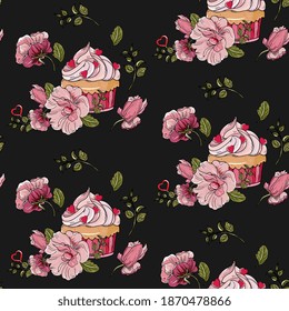 cupcake, hearts and roses seamless pattern. Festive background for packaging, menus, fabrics, wrappers. Background for valentine's day and wedding