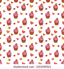 Cupcake and hearts seamless pattern for Valentines day
