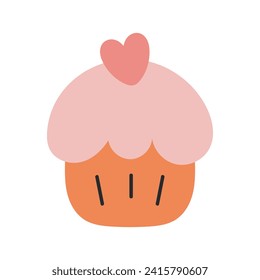 Cupcake with hearts. Symbol of love for Valentine's day, birthday, wedding. For scrapbooking, postcards, wrapping paper, fabrics, wallpaper. Cartoon flate style.