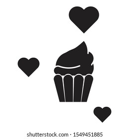 cupcake with hearts valentine day icon black isolated vector illustration