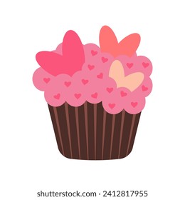 Cupcake with hearts. Valentine's day dessert. Romantic clipart for wedding, birthday or anniversary.  