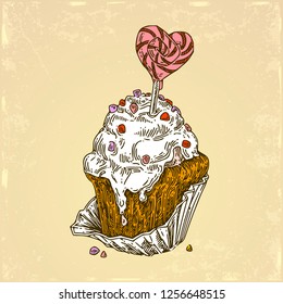 Cupcake with heart-shaped candy in paper wrapper. Color card. Engraving style. Vector illustration.