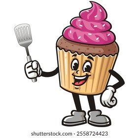 Cupcake holding a spatula,   Cartoon Character Mascot Illustration Vector Clip-art Hand-drawn Logo Design