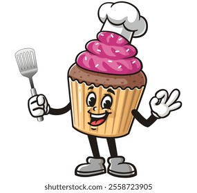 Cupcake holding a spatula and wearing a chef's hat,   Cartoon Character Mascot Illustration Vector Clip-art Hand-drawn Logo Design