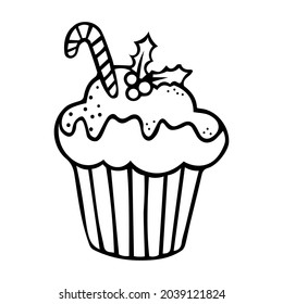 Cupcakes mit Heiligbeere. Vektorgrafik. Symbol der Weihnachtsfeier einzeln auf einem festlichen Tisch im Dodle-Stil gezeichnet. Weihnachtsferien.