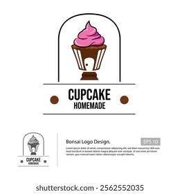 Cupcake Homemade logo template with a cupcake that combined with house shape and a vintage line border.