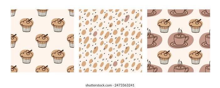 Cupcake and hot drink cup Seamless patterns. Set of three. Lineart vector illustrations. Doodle coffee cap and baking backgrounds for wallpaper, wrapping, textile, scrapbooking. Bakery and coffee.