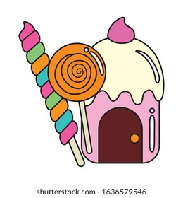 cupcake house delicious with candies in stick vector illustration design