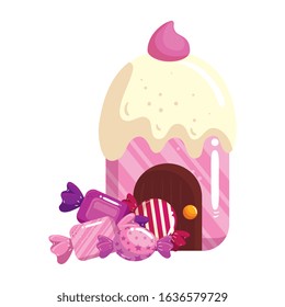 cupcake house delicious with candies vector illustration design