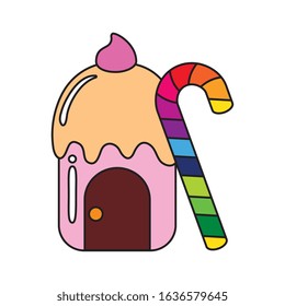 cupcake house delicious with candy in cane vector illustration design