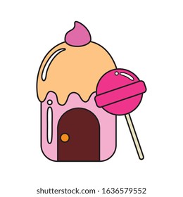 cupcake house delicious with lollipop vector illustration design