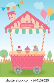 Cupcake house design for booth and kiosk decorated to strawberry syrup with toppings and wafer design to cute roof house for bakery cafe cart shop.Nature of garden party background