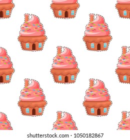 Cupcake house seamless pattern. Muffin home with chimney on creamy roof with sprinkles flat vector isolated on white background. Fantastic fairy sweet baked cottage illustration