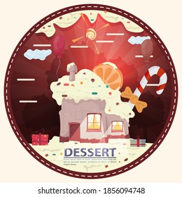 casa de repostería con una rebanada de cítricos en la azotea, entre los regalos en el cristal de la cereza, con la inscripción postre, pegatina redonda diseño plano