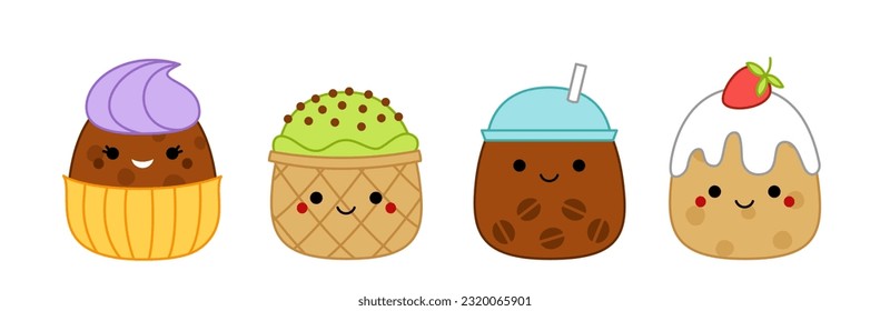 Cupcake, ice cream, coffee, cake. Squishmallow. Cute soft plush toy. Pillow. Kawaii, cartoon. Isolated vector illustration eps 10