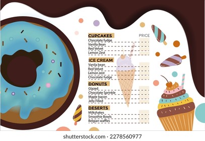 Cupcake, ice cream, donut menu template, cakes menu, ice cream menu, colorful vector design, tasty 