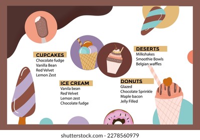 Cupcake, ice cream, donut menu template, cakes menu, ice cream menu, colorful vector design, tasty 