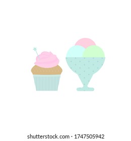Cupcake and icecream in a vase. Vector illustration