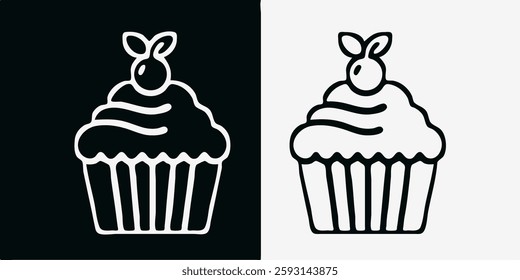 cupcake, icon, black and white, outline, bakery, dessert, baking, sweet, food, cherry, frosting, simple, modern, elegant, vector, graphic, illustration, monochrome, recipe, menu, website, digital