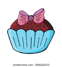 Cupcake icon with bow, muffin in hand draw style. Vector illustration for your design. Sweet pastries, cute muffin. Sign, icon, sticker