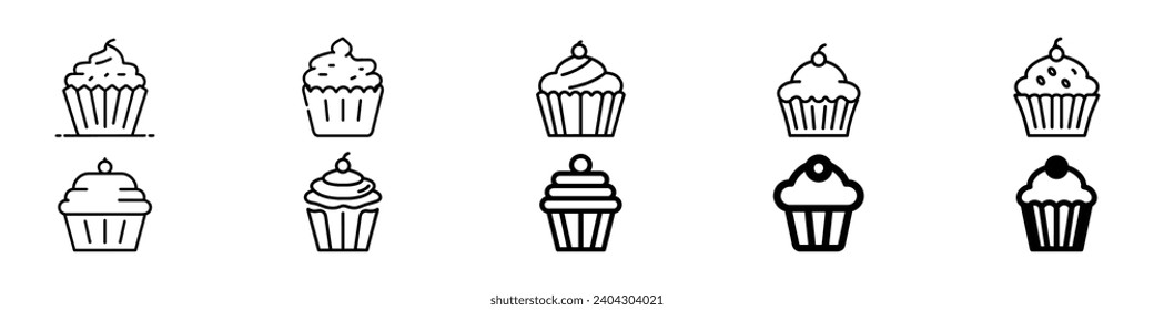 Icono de pastel. Icono de la pancarta de pasteles, icono de la plancha de quequitos simples, logotipo de la pastelería. Juego de quequitos negros, logotipo de muffin. silueta de bizcocho, tarta, bollería dulce y muffin.