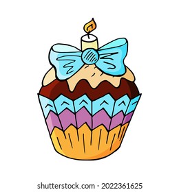 Cupcake icon with candle, muffin in hand draw style. Vector illustration for your design. Sweet pastries, cute muffin. Sign