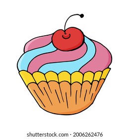 Icono de pastel con cereza, muffin en estilo de dibujo a mano. Ilustración vectorial para su diseño. Pasteles dulces, un bonito muffin. Firmar, icono