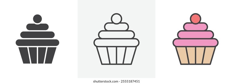 Cupcake icon collection in black and colored style.