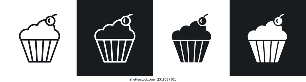 Cupcake icon collection in black and white filled and stroke line style.