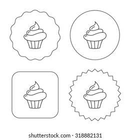 Cupcake icon. Dessert cake sign. Delicious bakery food symbol. Flat circle, star and emblem buttons. Labels design. Vector
