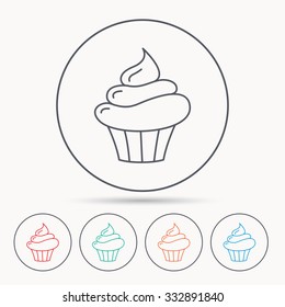 Cupcake icon. Dessert cake sign. Delicious bakery food symbol. Linear circle icons.