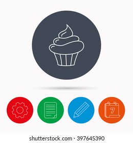 Cupcake icon. Dessert cake sign. Delicious bakery food symbol. Calendar, cogwheel, document file and pencil icons.