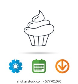 Cupcake icon. Dessert cake sign. Delicious bakery food symbol. Calendar, cogwheel and download arrow signs. Colored flat web icons. Vector