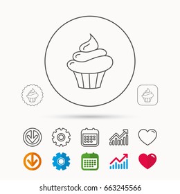 Cupcake icon. Dessert cake sign. Delicious bakery food symbol. Calendar, Graph chart and Cogwheel signs. Download and Heart love linear web icons. Vector