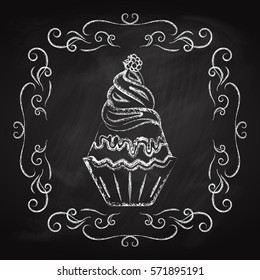 Cupcake, icon drawn in chalk on a blackboard