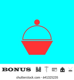 Cupcake icon flat. Red pictogram on blue background. Vector illustration symbol and bonus buttons Music center, corkscrew, credit card, house, drum