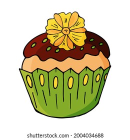 Cupcake icon with flower, muffin in hand draw style. Vector illustration for your design. Sweet pastries, cute muffin. Sign, icon, sticker