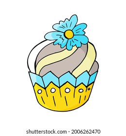 Cupcake icon with flower, muffin in hand draw style. Vector illustration for your design. Sweet pastries, cute muffin