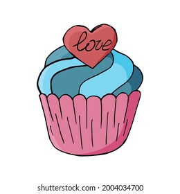 Cupcake icon with heart, muffin in hand draw style. Vector illustration for your design. Sweet pastries, cute muffin. Sign