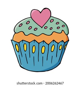 Icono de pastel con corazón, muffin con estilo de dibujo a mano. Ilustración vectorial para su diseño. Pasteles dulces, un bonito muffin. Firma, icono, pegatina