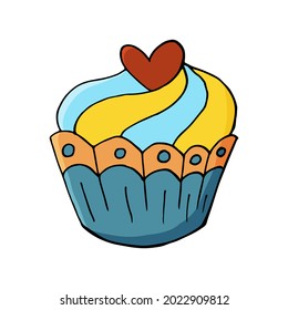 Cupcake icon with heart, muffin in hand draw style. Vector illustration for your design. Sweet pastries, cute muffin. Sign, icon