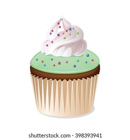 Cupcake icon isolated on a white background. Icon cake with green glaze. Vector illustration.