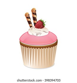 Cupcake icon isolated on a white background. Icon cake with strawberry glaze. Cupcake with cream, strawberries and cookies. Vector illustration.