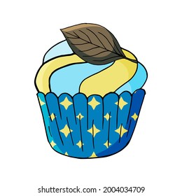 Cupcake icon with leaf, muffin in hand draw style. Vector illustration for your design. Sweet pastries, cute muffin. Sign, icon, sticker