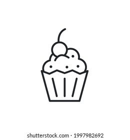 Cupcake icon. Lined cupcake with cherry isolated on white background. Thin line icon for social media and web design. Vector illustration 