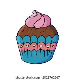 Cupcake icon with marshmallow, muffin in hand draw style. Vector illustration for your design. Sweet pastries, cute muffin. Sign, icon, sticker