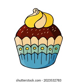 Cupcake icon with marshmallow, muffin in hand draw style. Vector illustration for your design. Sweet pastries, cute muffin. Sign, icon, sticker