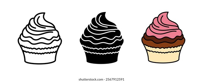 Cupcake icon. Muffin vector illustration. Creamy cake sweet dessert symbol. Birthday party celebration cupcake sign. Delicious chocolate pie silhouette. Cute pink cup cake pictogram. Candy bar concept