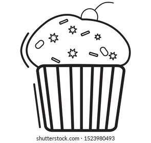 Cupcake Icon. Cupcake, New Year's muffin with snowflakes and cherry. Baking, dough, cupcake, chocolate, sweetness, new year. Suitable for baking, bakery, cafe, pastry shop, restaurant, delicious food.