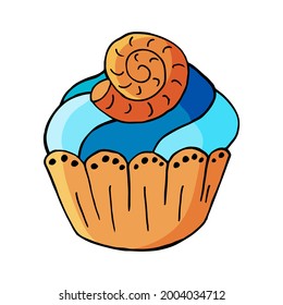 Cupcake icon with seashell, muffin in hand draw style. Vector illustration for your design. Sweet pastries, cute muffin. Sign, icon, sticker